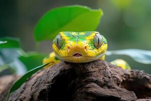 A snake with yellow and green stripes photo