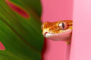 A close up of a snake on a pink wall photo