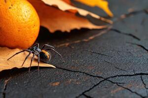 A spider sits on top of an orange leaf photo