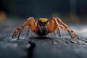A spider with large eyes sitting on a wooden surface photo