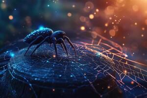 A spider sits on a log with a glowing spider web photo