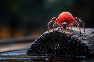 A red spider sits on top of a log photo