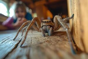 A spider on a wooden floor with a child looking at it photo