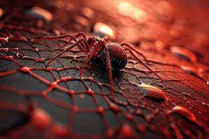 A spider on a web with drops of blood photo