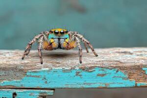 A colorful jumping spider on a wooden bench photo