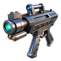 signature rustic Cyberpunk weapon, laser sight, chrome and black, NO BACKGROUND with Transparent Background. premium png