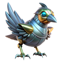 pristine bohemian Robotic bird with metallic feathers and glowing eyes. NO BACKGROUND with Transparent Background. crisp png