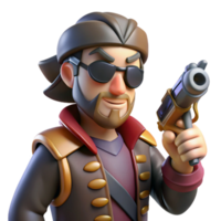 wonderful playful coastal Space pirate captain, scarred, eyepatch, holding plasma pistol, NO BACKGROUND with Transparent Background. expertly shot png