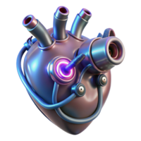 striking celebrated Cybernetic heart with glowing wires and mechanical valves NO BACKGROUND with Transparent Background. png