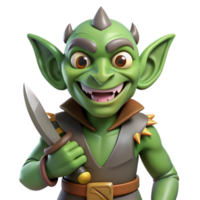 nostalgic immaculate A menacing goblin with a mischievous grin, holding a dagger. NO BACKGROUND with Transparent Background. exclusive png