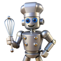gorgeous coastal Robot chef, metallic, multiple arms, whisking, NO BACKGROUND with Transparent Background. studio quality png