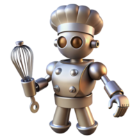 mesmerizing melancholic vintage Robot chef, metallic, multiple arms, whisking, NO BACKGROUND with Transparent Background. precision png