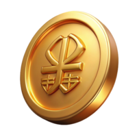 majestic acclaimed Single gold coin, embossed design, ancient script, NO BACKGROUND with Transparent Background. png