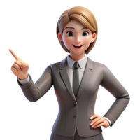 reflective mesmerizing Businesswoman in a suit pointing forward, NO BACKGROUND with Transparent Background. fine detail png