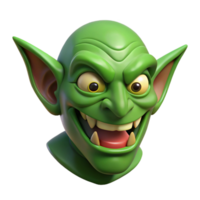 standout futuristic Goblin face, green skin, sharp teeth, mischievous grin NO BACKGROUND with Transparent Background. top-tier png