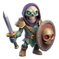 alegre radiante uma arrepiante esqueleto Guerreiro com uma espada e escudo. não fundo com transparente fundo. original png