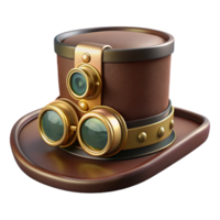 stunning exceptional Steampunk top hat with brass goggles and intricate clockwork details. NO BACKGROUND with Transparent Background. png
