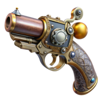 pristine nostalgic rustic Steampunk pistol with ornate engravings and a pearl handle. NO BACKGROUND with Transparent Background. expertly shot png