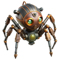 radiant calm retro Steampunk robotic spider with articulated legs and glowing eyes. NO BACKGROUND with Transparent Background. high quality png