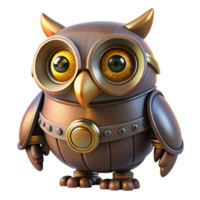 radiant mid-century Steampunk mechanical owl with glowing eyes and rotating head. NO BACKGROUND with Transparent Background. high quality png