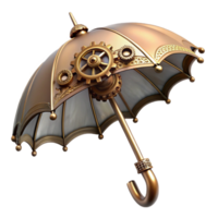 memorable retro Steampunk umbrella with intricate gears and a brass handle. NO BACKGROUND with Transparent Background. authentic png