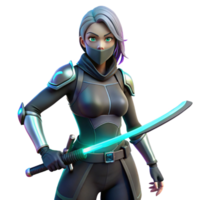 memorable retro Cyberpunk style female assassin with glowing katana. NO BACKGROUND with Transparent Background. gallery standard png