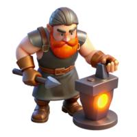 passionate splendid A muscular dwarf blacksmith hammering on a piece of glowing metal. NO BACKGROUND with Transparent Background. crisp png