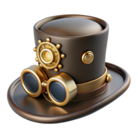vibrant mid-century Steampunk top hat with brass gears and goggles attached. NO BACKGROUND with Transparent Background. precision png