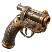 striking acclaimed Steampunk pistol with ornate engravings and a brass barrel. NO BACKGROUND with Transparent Background. png