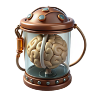 rare mid-century Steampunk brain in a jar with wires and electrodes. NO BACKGROUND with Transparent Background. handcrafted png