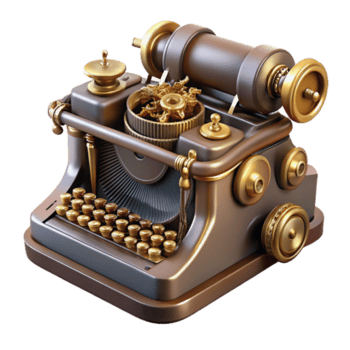 whimsical beautiful Steampunk typewriter with brass keys and a clockwork mechanism. NO BACKGROUND with Transparent Background. professional png
