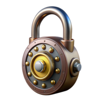 intense striking Steampunk padlock with a combination dial and brass casing. NO BACKGROUND with Transparent Background. 4K png