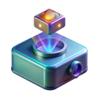 whimsical spectacular Holographic projector displaying a 3D model NO BACKGROUND with Transparent Background. fine detail png
