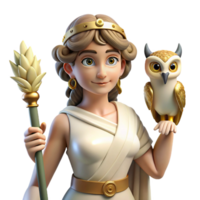 standout creative Athena, Goddess of Wisdom, with an owl perched on her shoulder. NO BACKGROUND with Transparent Background. high resolution png