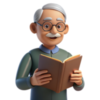 reflective immaculate Elderly man reading book, NO BACKGROUND with Transparent Background. 8K png