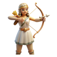 whimsical striking Artemis, Goddess of the Hunt, with a bow and arrow. NO BACKGROUND with Transparent Background. high resolution png