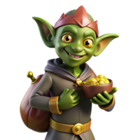 pristine exceptional A mischievous goblin holding a stolen pouch of gold. NO BACKGROUND with Transparent Background. png