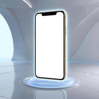 Floating smartphone mockup in a futuristic 3D environment. The phone hovers with a glowing effect surrounded by soft reflections photo
