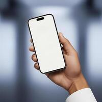 Realistic Smartphone Mockup in Hand Blank Screen for UI Design photo