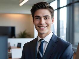 professional looking portrait of a young man in a suit smiling confidently in an office setting photo