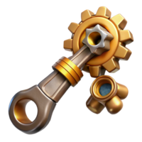 reflective beautiful Steampunk wrench with adjustable gears and brass finish. NO BACKGROUND with Transparent Background. 4K png