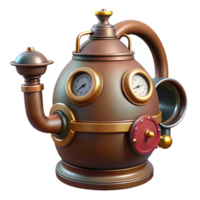 wonderful tropical Steampunk teapot with visible pipes, valves, and a pressure gauge. NO BACKGROUND with Transparent Background. museum quality png