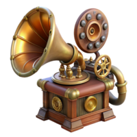 sumptuous classic Steampunk gramophone with ornate horn and visible gears. NO BACKGROUND with Transparent Background. exclusive png