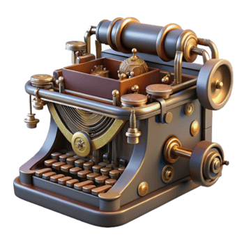 sumptuous coveted Steampunk typewriter with visible keys and intricate mechanics. NO BACKGROUND with Transparent Background. png