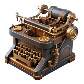 tranquil mesmerizing Steampunk typewriter with visible keys and intricate mechanics. NO BACKGROUND with Transparent Background. crisp png