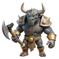 intense picturesque A fearsome minotaur, holding a double-headed axe, NO BACKGROUND with Transparent Background. flawless png