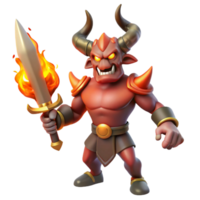 quintessential classic A fierce, horned demon, holding a flaming sword. NO BACKGROUND with Transparent Background. authentic png