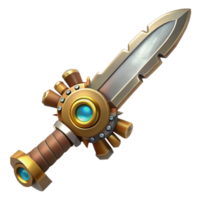 reflective immaculate Steampunk sword with a gear-embedded hilt and a serrated blade. NO BACKGROUND with Transparent Background. impeccable png