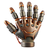 standout futuristic Steampunk robotic hand with articulated fingers and exposed wires. NO BACKGROUND with Transparent Background. studio quality png