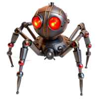 joyful enchanting Steampunk robotic spider with articulated legs and glowing red eyes. NO BACKGROUND with Transparent Background. authentic png